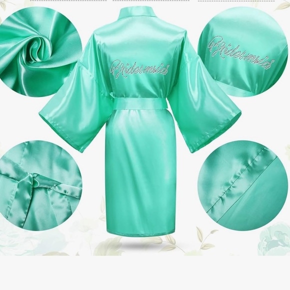 Mint Green Kimono Style Rhinestone BRIDESMAID Monogram Short Robe W Pockets M - Picture 1 of 16